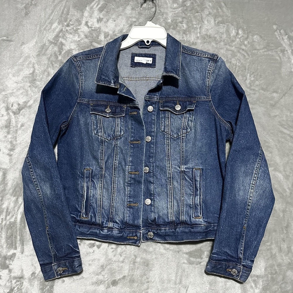 Loft Denim Trucker Jean Jacket Womens Size M Blue Dark Wash Stretch Preppy NWOT